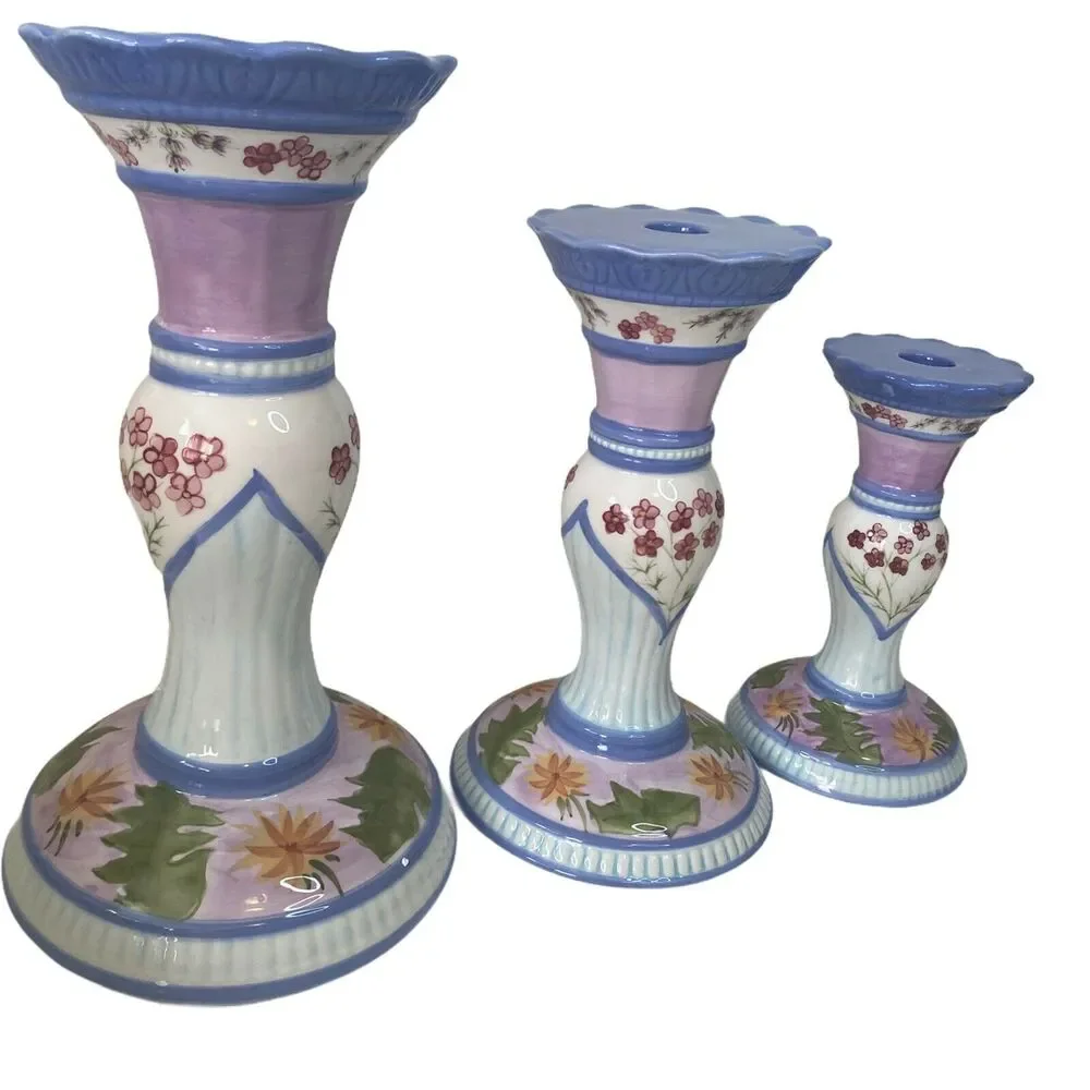 Capriware 3-Piece Pillar Candleholder Set Blue Purple Floral Hand Painted VTG
